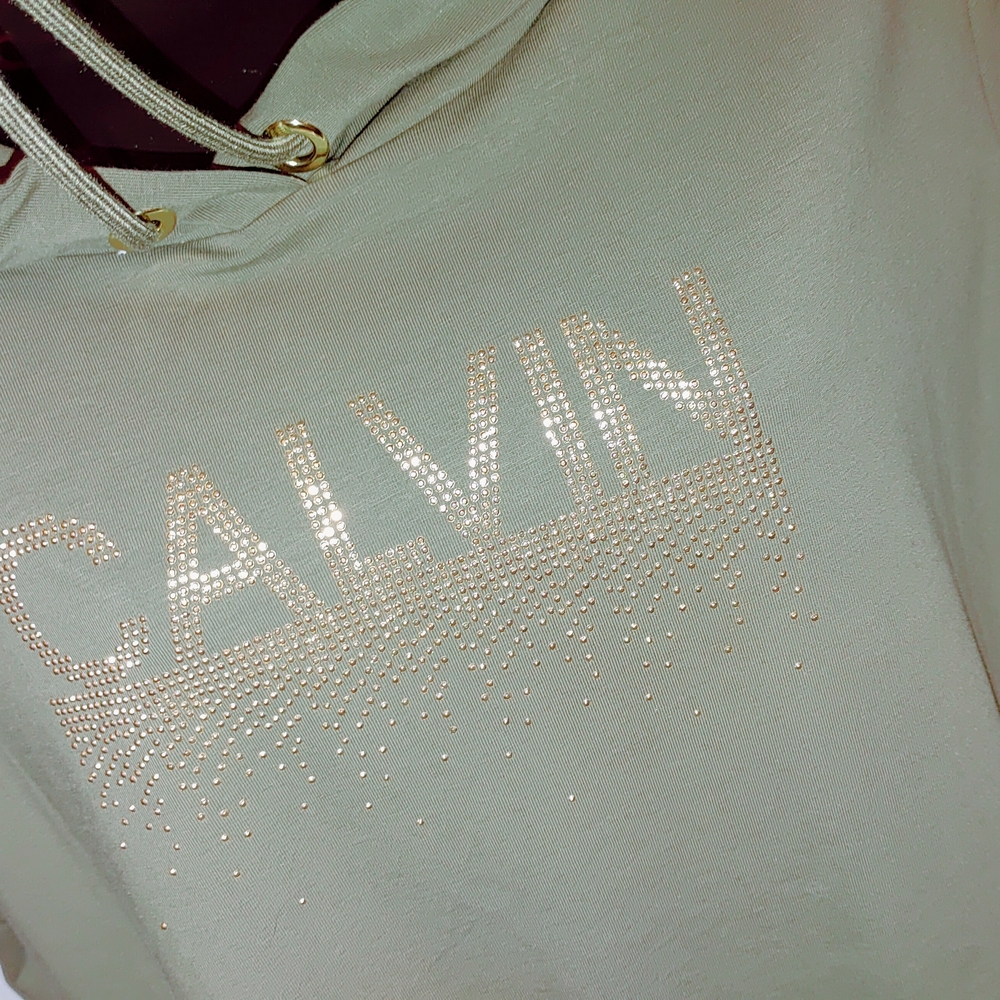 Calvin Klein Sage Green Dress With Hood & Gold Accents